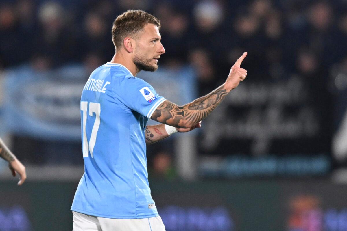 Lazio's Ciro Immobile celebrates after scoring to 0-1 during the Serie A soccer match between Spezia Calcio and SS Lazio at the Alberto Picco stadium in La Spezia, Italy, on April 14, 2023. (Tano Pecoraro/LaPresse via AP)