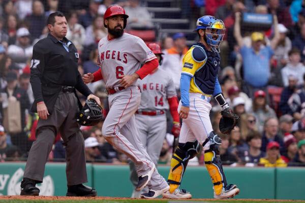 Los Angeles Angels' Anthony Rendon (6) scores on a single by Angels' Brandon Drury as Boston Red Sox's Connor Wong, right, looks on in the second inning of a baseball game in Boston on April 16, 2023. (Steven Senne/AP Photo)