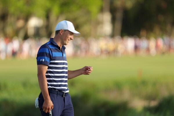 Jordan Spieth of the United States reacts to his missed putt on the first playoff hole during the final round of the RBC Heritage at Harbour Town Golf Links in Hilton Head Island, S. C., on April 16, 2023. (Kevin C. Cox/Getty Images)