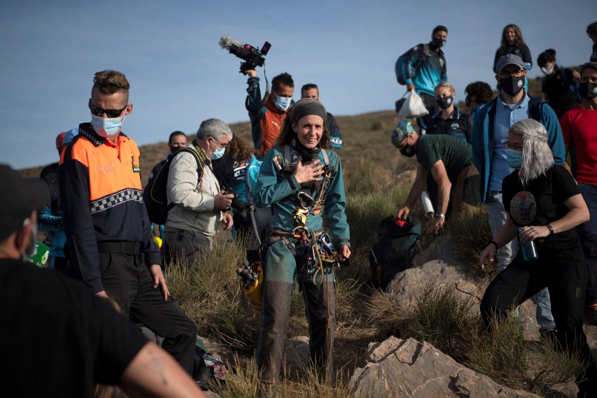 Spanish sportswoman Beatriz Flamini reacts upon getting out of a cave in Los Gauchos, near Motril on April 14, 2023, after spending 500 days inside. (JORGE GUERRERO/AFP via Getty Images)