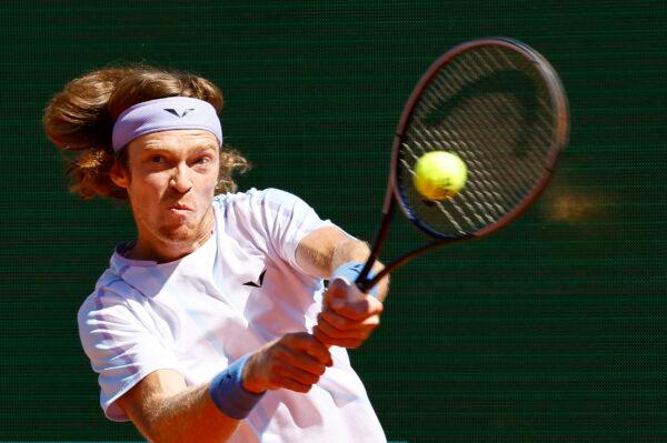 Russia's Andrey Rublev in action during the final against Denmark's Holger Rune at the ATP Masters 1000 - Monte Carlo Masters Tennis match at Monte-Carlo Country Club in Roquebrune-Cap-Martin, France, on April 16, 2023. (Eric Gaillard/Reuters)