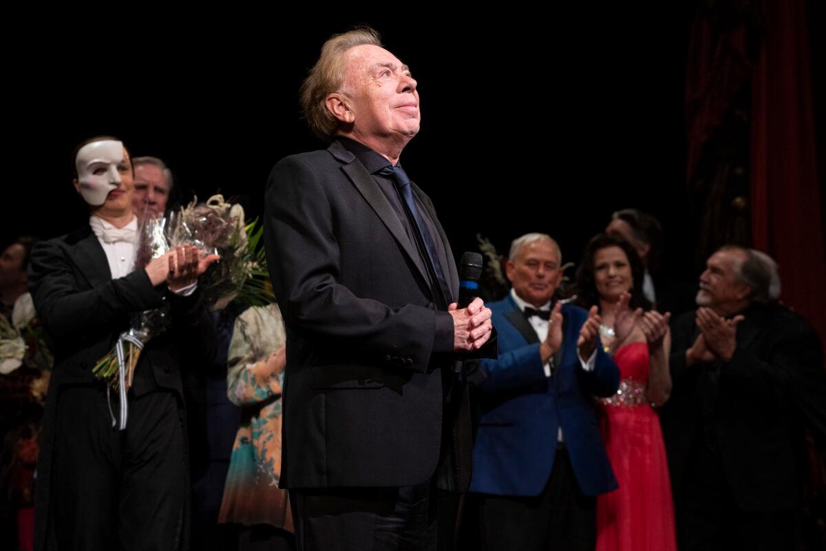 Andrew Lloyd Webber and the cast of "The Phantom of the Opera" appear at the curtain call following the final Broadway performance at the Majestic Theatre in New York on April 16, 2023. (Charles Sykes/Invision/AP)