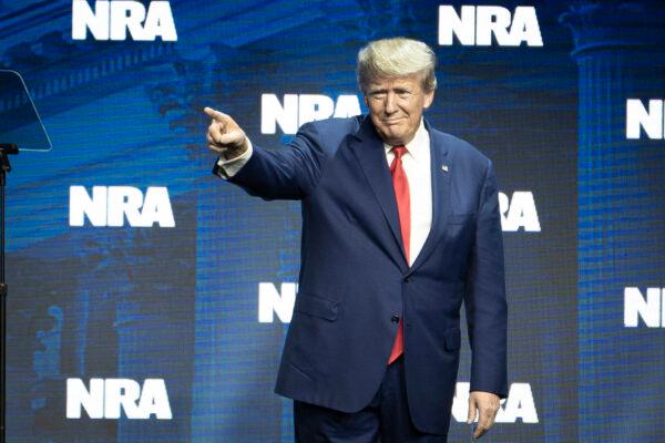Former President Donald J. Trump speaks at the National Rifle Association annual meeting in Indianapolis, Ind., on April 14, 2023. (Madalina Vasiliu/The Epoch Times)