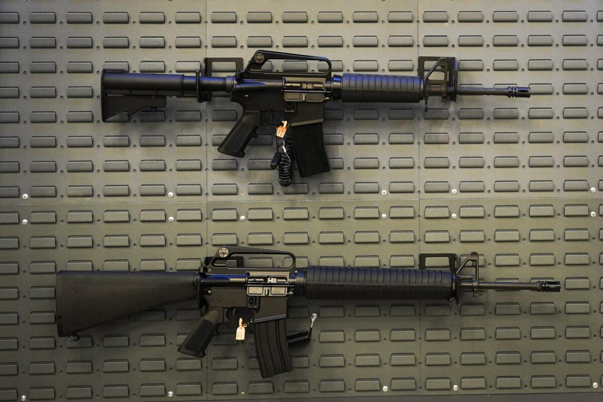 Firearms for exhibition at the National Rifle Association in Indianapolis, Ind., on April 14, 2023.(Madalina Vasiliu/The Epoch Times)