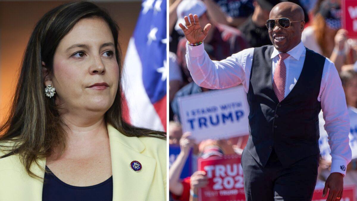 (Left) House Republican Conference Chair Elise Stefanik (R-N.Y.) at the U.S. Capitol in Washington on June 8, 2022. (Kevin Dietsch/Getty Images); (Right) Rep. Wesley Hunt (R-Texas) speaks during a 2024 election campaign rally held by former President Donald Trump in Waco, Texas, on March 25, 2023. (Suzanne Cordeiro/AFP via Getty Images)