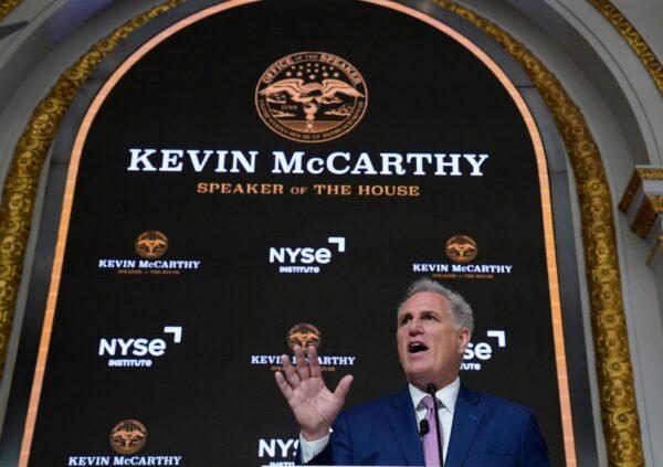 House Speaker Kevin McCarthy delivers a speech on the economy at the New York Stock Exchange (NYSE) in New York on April 17, 2023. (Timothy A. Clary /AFP via Getty Images)
