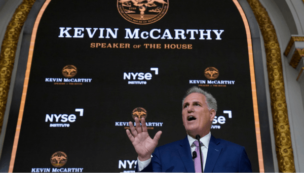 House Speaker Kevin McCarthy (R-Calif.) delivers a speech on the econony at the New York Stock Exchange (NYSE) in New York, on April 17, 2023. (Timothy A. Clary /AFP via Getty Images)