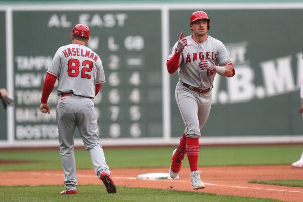 Hunter Renfroe (12) of the Los Angeles Angels rounds the bases after hitting a three run home run during the first inning off of Brayan Bello (66) of the Boston Red Sox at Fenway Park in Boston on April 17, 2023. (Paul Rutherford/Getty Images)