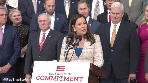 House Republican Conference chair Rep. Elise Stefanik (R-N.Y.) speaks in front of the U.S. Capitol Building in Washington on April 17, 2023. (Speaker McCarthy's office/Twitter/Screenshot via The Epoch Times)