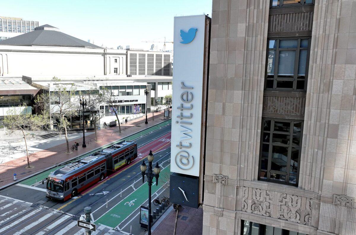 A modified company sign is posted on the exterior of the Twitter headquarters in San Francisco, California, on April 10, 2023. (Justin Sullivan/Getty Images)