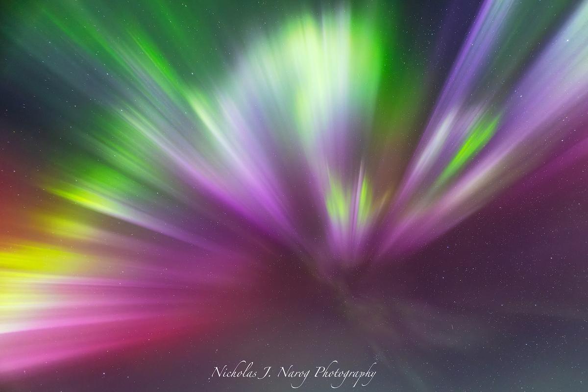 Pink and green auroras photographed by Nicholas Narog. (Courtesy of <a href="https://www.instagram.com/nicholas_j._narog_photography/">Nicholas J. Narog Photography</a>)
