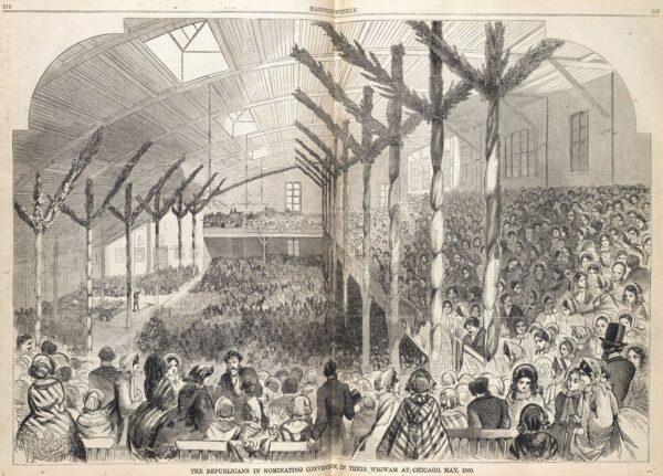 Drawing of the Wigwam's interior during the 1860 nominating convention. Note the second-story gallery and curved ceiling structure to allow for better acoustics. (Public Domain)