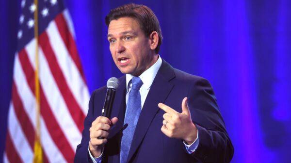 Florida Gov. Ron DeSantis speaks to voters gathered at the Iowa State Fairgrounds in Des Moines, Iowa, on March 10, 2023. (Scott Olson/Getty Images)