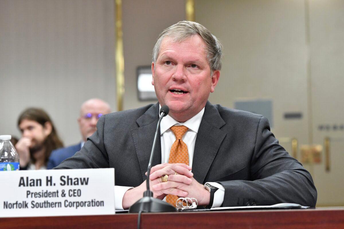 Norfolk Southern CEO Alan Shaw testifies about the Feb. 3 derailment in East Palestine, Ohio, before the Pennsylvania state Senate Veterans Affairs and Emergency Preparedness Committee in Harrisburg, Pa., on March 20, 2023. (Marc Levy/AP Photo)