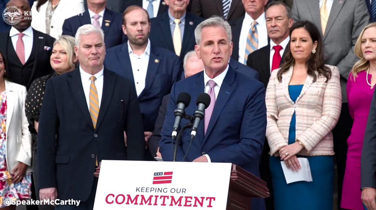 House Speaker Kevin McCarthy (R-Calif.) addresses Americans in front of the U.S. Capitol Building in Washington on April 17, 2023. (Speaker McCarthy's office/Twitter/Screenshot via The Epoch Times)