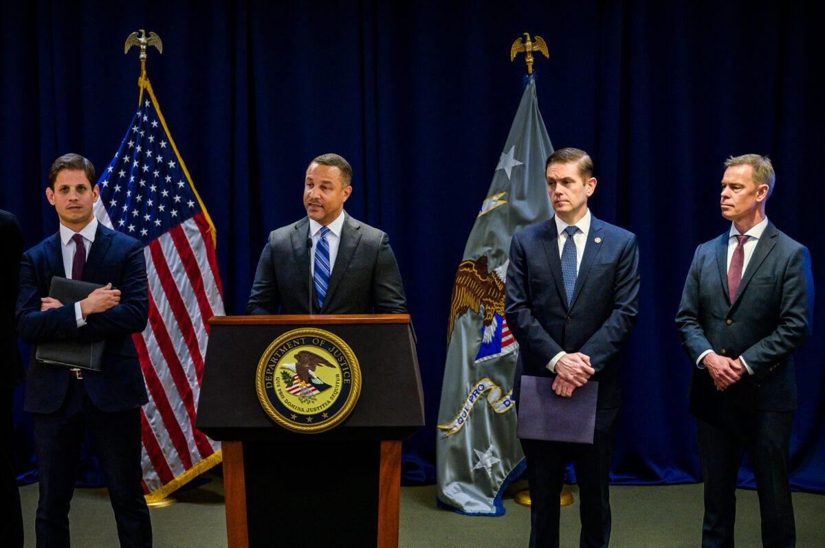 U.S. Attorney for the Eastern District of New York Breon Peace (2nd L) with: David Newman (L), the principal deputy assistant attorney general for National Security at U.S. Department of Justice; Michael Driscoll (2nd R), the assistant director-in-charge of the FBI’s New York field office; and David Sundberg (R), the assistant director-in-charge of the FBI's Washington field office, at a DOJ press conference announcing arrests and charges against multiple individuals alleged to be working in connection to the Chinese regime, at the U.S. Attorney's office in New York on April 17, 2023. (Angela Weiss/AFP via Getty Images)