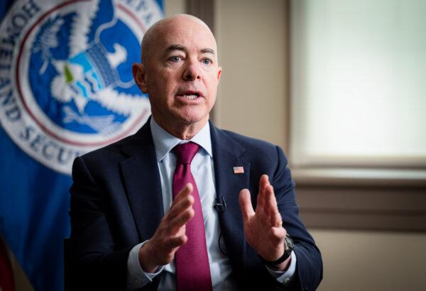 Homeland Security Secretary Alejandro Mayorkas participates in an interview with Michael Isikoff from Yahoo News in Washington on June 14, 2021. (DHS/U.S. government)