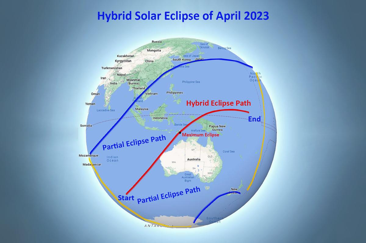 Map showing the path of the hybrid eclipse in April 2023. (<a href="https://www.google.com/maps/place/Calgary,+AB,+Canada/@-15.569955,130.5801892,3z/data=!4m6!3m5!1s0x537170039f843fd5:0x266d3bb1b652b63a!8m2!3d51.0447331!4d-114.0718831!16zL20vMDFyMzI">Google Maps</a>)