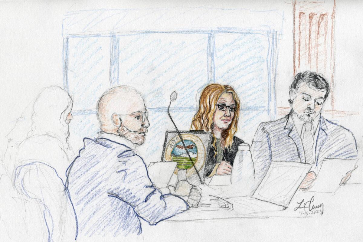 This courtroom sketch, from L, depicts Madison County prosecutor Rob Wood, Lori Vallow Daybell and defense attorney Jim Archibald during opening statements of Vallow Daybell's murder trial in Boise, Idaho, on April 10, 2023. (Lisa C. Cheney via AP)