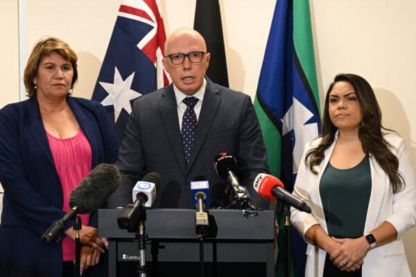 Shadow Minister for Child Protection and the Prevention of Family Violence Kerrynne Liddle (L) and Shadow Minister for Indigenous Australians Jacinta Nampijinpa Price (R) look on as Australian Opposition Leader Peter Dutton speaks to media during a press conference in Adelaide, Australia, on April 18, 2023. (AAP Image/Michael Errey)