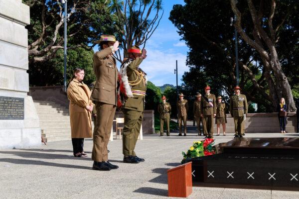 Chief of Army Lieutenant General Simon Stuart (L) and New Zealand Chief of Army Major General John Boswell conduct a salute after laying wreaths at the Pukeahu National War Memorial in Wellington, New Zealand, on April 17, 2023. (CPL Cameron Pegg/Australian Department of Defence)
