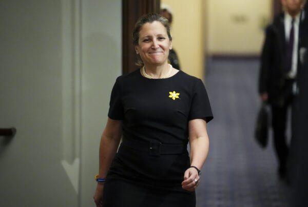 Deputy Prime Minister and Finance Minister Chrystia Freeland arrives for a cabinet meeting on Parliament Hill in Ottawa on April 18, 2023. (The Canadian Press/Sean Kilpatrick)