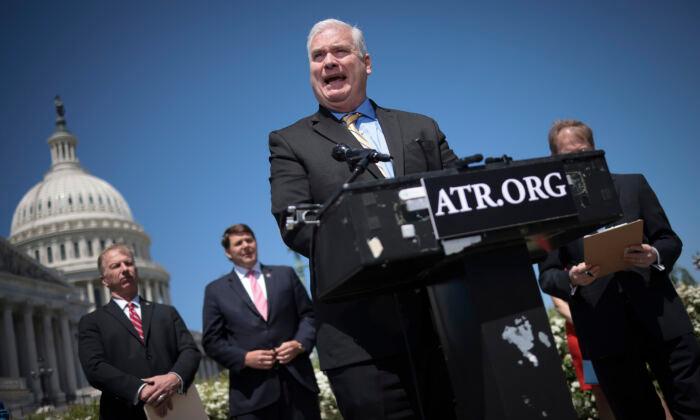 Rep. Tom Emmer (R-MN) speaks at a press conference held by the group Americans for Tax Reform outside the U.S. Capitol in Washington on April 18, 2023. (Win McNamee/Getty Images)