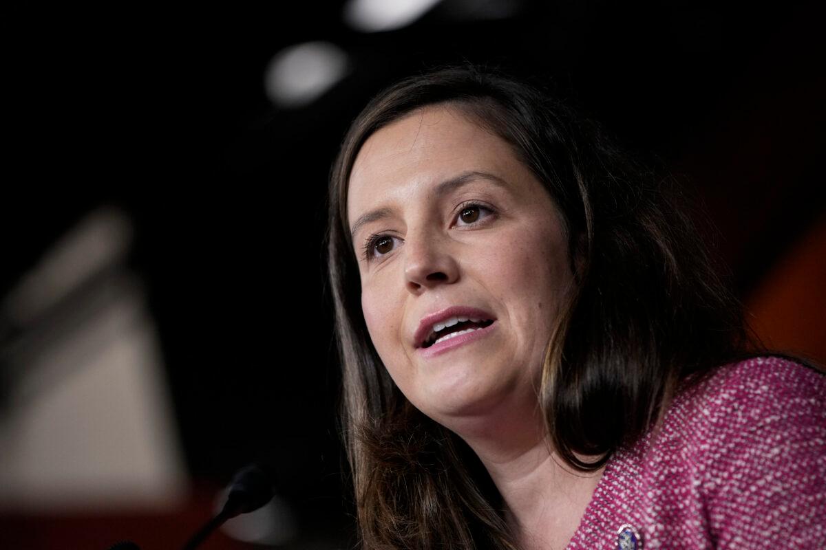 Rep. Elise Stefanik (R-N.Y.), chair of the House Republican Conference, speaks during a news conference with fellow House Republicans at the U.S. Capitol in Washington on Jan. 20, 2022. (Drew Angerer/Getty Images)