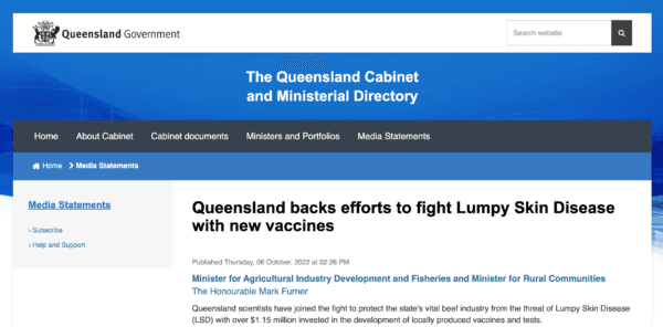 A screenshot of the Queensland government announcing the creation of an mRNA vaccine for cattle, on April 19, 2023. (Screenshot by The Epoch Times)