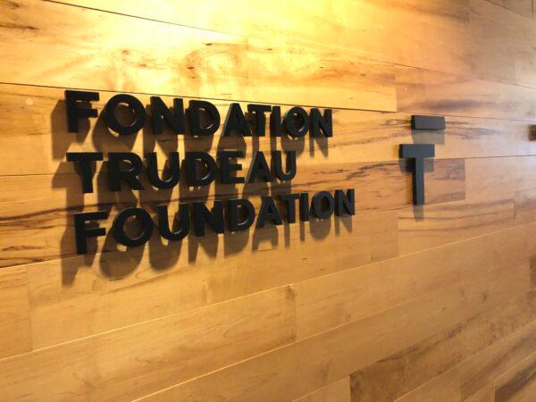 A Trudeau Foundation sign at its office in Montreal on April 19, 2023. (Noé Chartier/The Epoch Times)