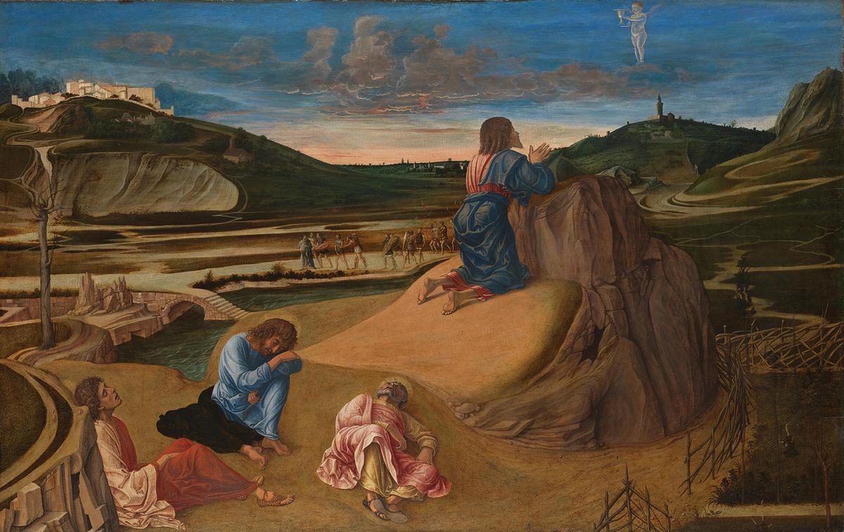 Influenced by Andrea Mantegna, Bellini experimented with design techniques such as the straight edges of the rocks in the foreground and the crisp, sharp folds in the drapery. "The Agony in the Garden," circa 1458–1460, by Giovanni Bellini. Egg tempera on wood. The National Gallery, London. (Public Domain)