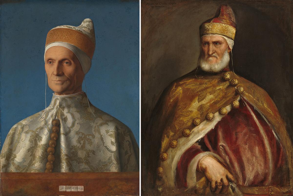 Bellini's beautiful yet "bland conventionality" of expression and composition in his portrait of Doge Leonardo Loredan compared to Titian's fierce and emotive portrait of Doge Andrea Gritti. (L) Portrait of Doge Leonardo Loredan, circa 1501–1502, by Giovanni Bellini. The National Gallery, London. (Public Domain). (R) Portrait of Doge Andrea Gritti, circa 1546–1550, by Titian. National Gallery of Art, Washington. (Public Domain)