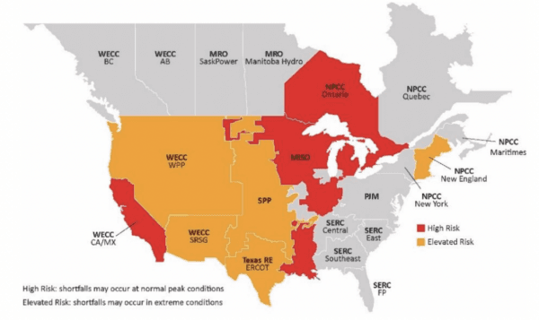 (Source NERC. Areas of concern for electric grid failure are shown in orange and red.)