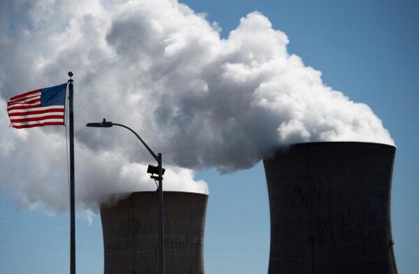 Steam rises out of the nuclear plant on Three Mile Island, with the operational plant run by Exelon Generation, in Middletown, Pa., on March 26, 2019. (Andrew Caballero-Reynolds/AFP via Getty Images)
