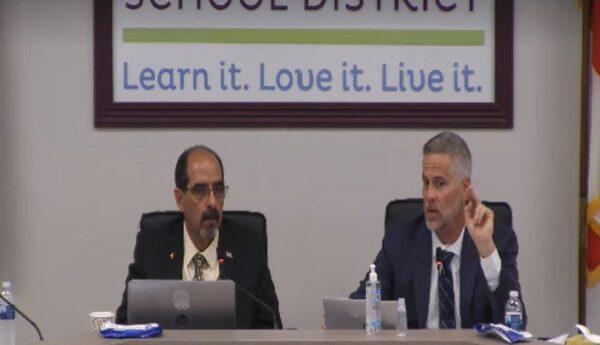 Hernando County School Board Chair Gus Guadagnino (L) and Superintendent John Stratton during a school board meeting on April 11, 2023. (Hernando County School District/screenshot)