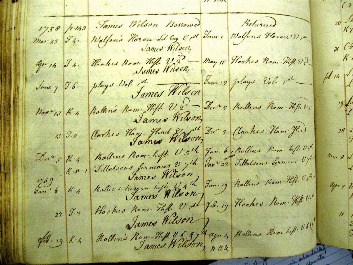 A portion of James Wilson’s 1758–1759 library record from the University of St. Andrews, on May 5, 2009. The record shows some of Wilson’s withdrawals of books on Roman history. (Courtesy of Rob Natelson)