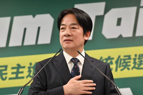 Taiwan vice president and chairman of ruling Democratic Progressive Party (DPP) William Lai gestures during his speech at the DPP headquarters in Taipei on April 12, 2023. Mr. Lai will represent the DPP running for presidential elections in 2024. (Sam Yeh/AFP via Getty Images)