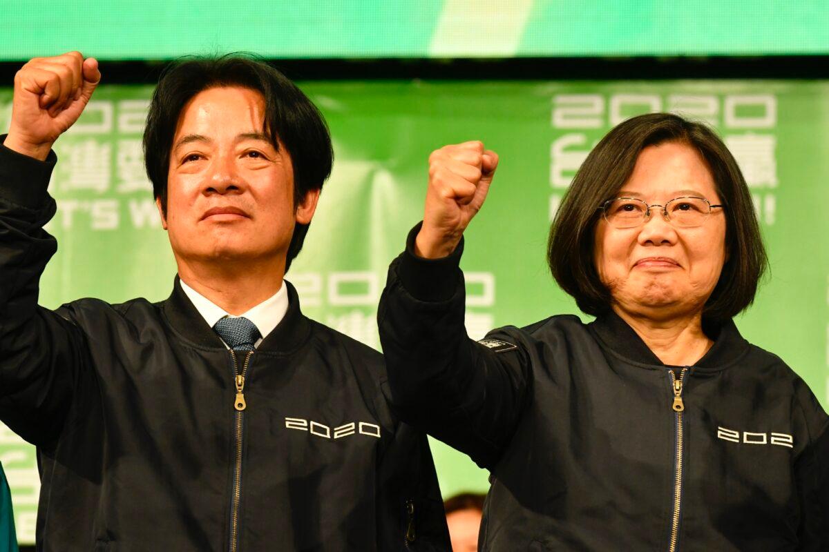 Taiwan President Tsai Ing-wen (R) and Vice President-elect William Lai (L) gesture outside the campaign headquarters in Taipei on Jan. 11, 2020. - Tsai declared victory in Taiwan's election on Jan. 11 as votes were counted after an election battle dominated by the democratic island's fraught relationship with China. (Sam Yeh/AFP via Getty Images)