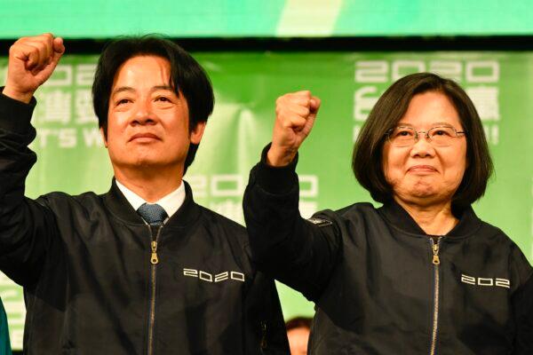 Taiwan President Tsai Ing-wen (R) and Vice President-elect Lai Ching-te gesture outside the campaign headquarters in Taipei, Taiwan, on Jan. 11, 2020. (SAM YEH/AFP via Getty Images)