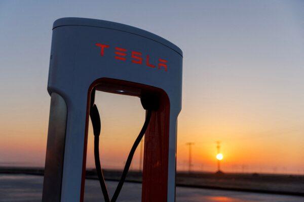 A Tesla supercharging station is seen in the early morning sun in Kettleman City, Calif., on Jan. 25, 2023. (Mike Blake/Reuters)