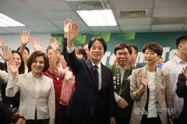  Vice President Lai Ching-te (front, center) waves to reporters at the DPP headquarters in Taipei Wednesday after he received the DPP's nomination to run in the presidential elections scheduled on Jan. 13, 2024. CNA photo April 12, 2023