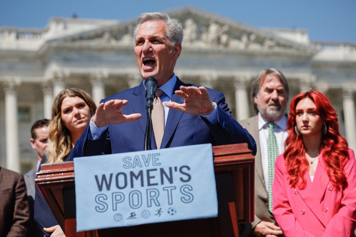 House Speaker Kevin McCarthy (R-Calif.) celebrates the House passage of The Protection of Women and Girls in Sports Act outside the U.S. Capitol in Washington on April 20, 2023. (Chip Somodevilla/Getty Images)