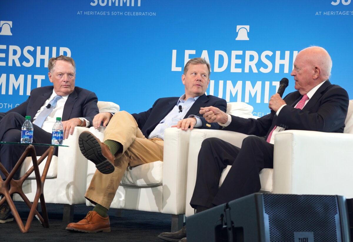 Ambassador Robert Lighthizer (L); Peter Schweizer, president of the Government Accountability Institute (C); and Michael Pillsbury, senior fellow at The Heritage Foundation (R); at The Heritage Foundation's Leadership Summit in National Harbor, Md., on April 20, 2023. (Terri Wu/The Epoch Times)