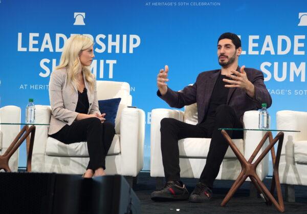 Enes Kanter Freedom (R), a former professional NBA player, speaks at the Heritage Foundation's Leadership Summit in National Harbor, Md., on April 20, 2023. (Terri Wu/The Epoch Times)