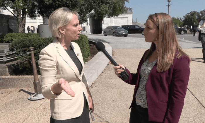 Rep. Victoria Spartz (R-Ind.) (L) speaks with NTD reporter Melina Wisecup at the Capitol on April 20, 2023. (Courtesy of NTD)