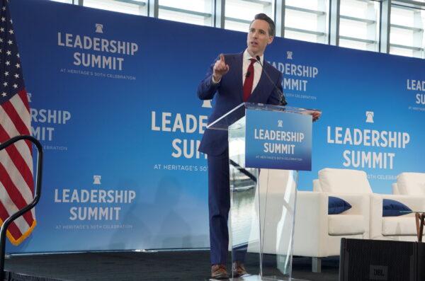 Sen. Josh Hawley (R-Mo.) speaks at the Heritage Foundation's Leadership Summit in National Harbor, Md., on April 20, 2023. (Terri Wu/The Epoch Times)