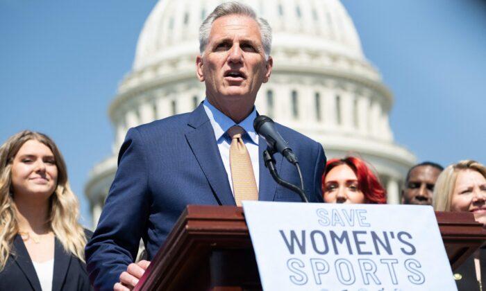 Speaker of the House Kevin McCarthy (R-Calif.) speaks outside the U.S. Capitol in Washington on April 20, 2023. (Saul Loeb/AFP via Getty Images)