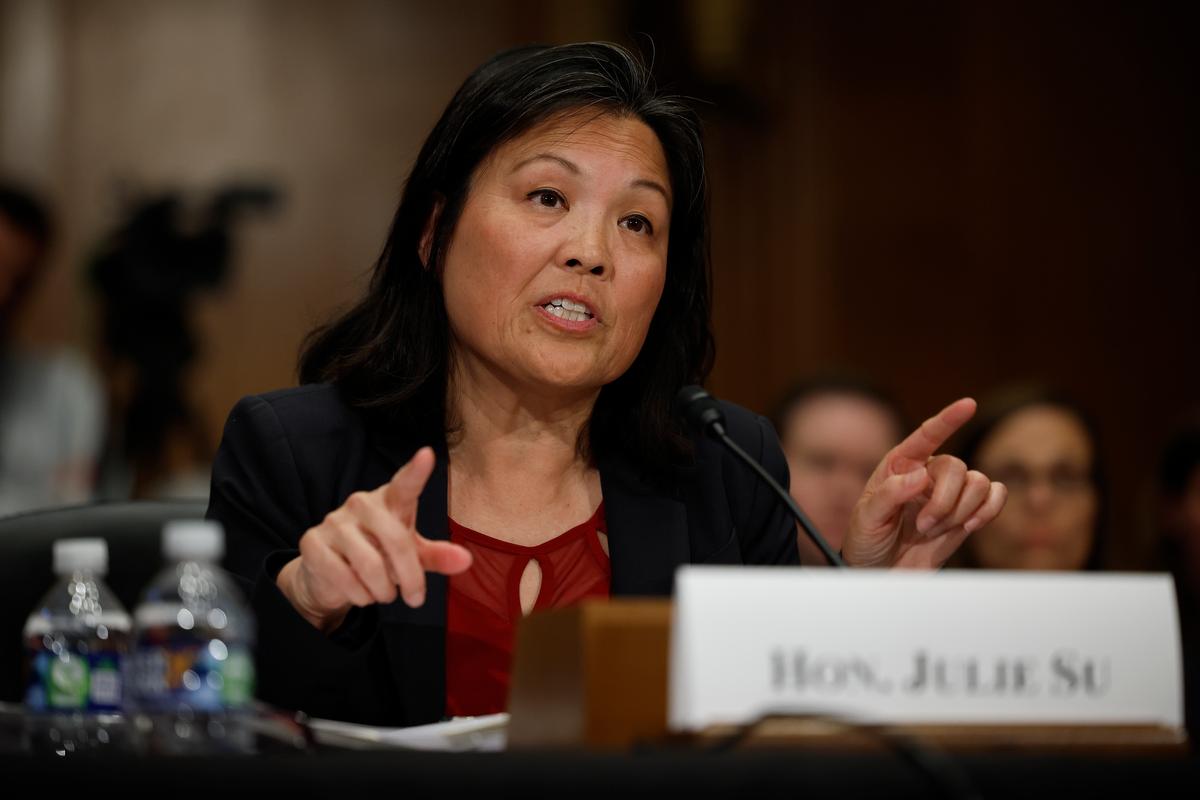 Deputy Labor Secretary Julie Su testifies before the Senate Health, Education, Labor, and Pensions Committee during her confirmation hearing to be the next secretary of the Labor Department in the Dirksen Senate Office Building in Washington on April 20, 2023. (Chip Somodevilla/Getty Images)