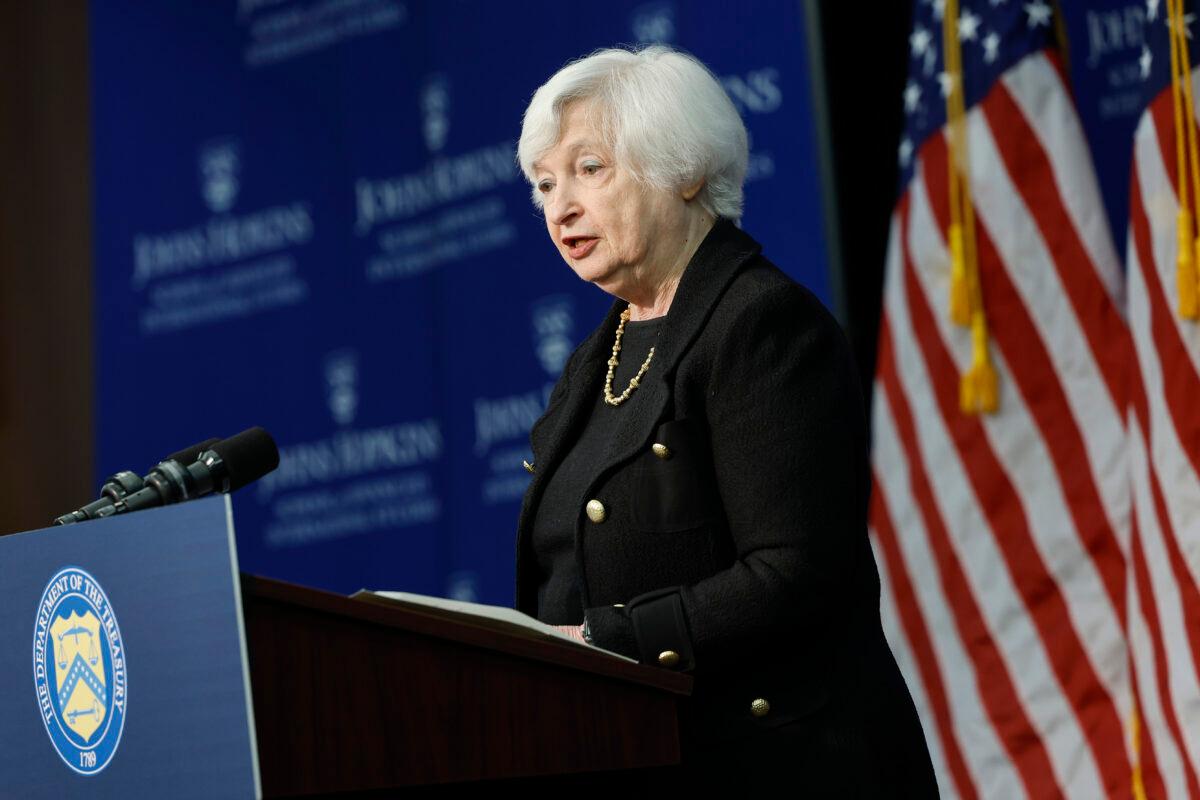 Secretary of the Treasury Janet Yellen delivers remarks at Johns Hopkins University’s School of Advanced International Studies in Washington on April 20, 2023. (Anna Moneymaker/Getty Images)
