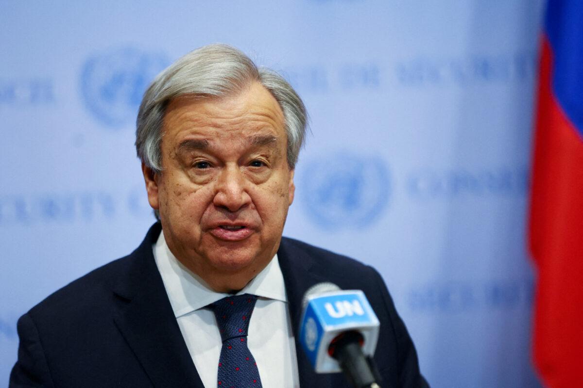 United Nations Secretary-General António Guterres delivers remarks to reporters outside the U.N. Security Council at U.N. headquarters in New York City on April 20, 2023. (Mike Segar/Reuters)